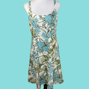 Ann TAYLOR‎ LOFT Sleeveless Sundress Cotton Floral Lined Teal/Green/Cream Sz 12P